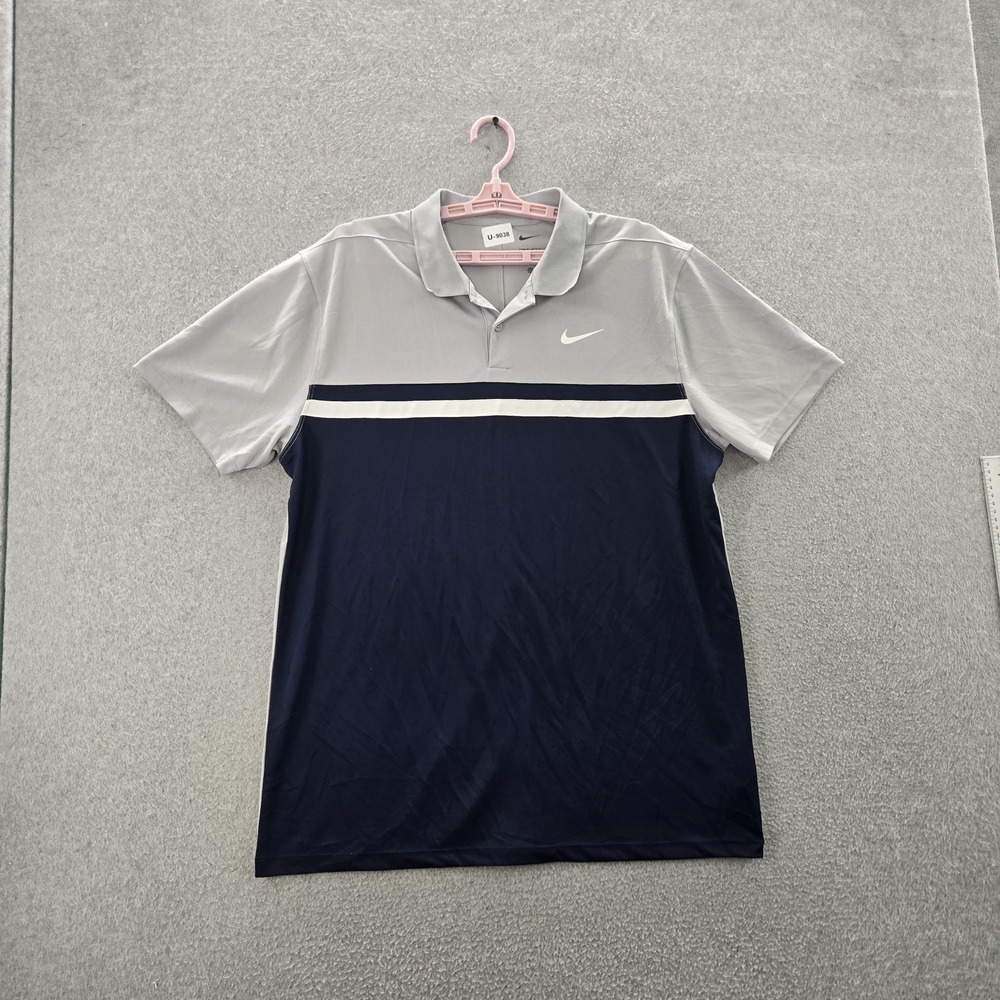 Nike Men Polo L Gray Colorblock Dri-Fit Victory Activewear Logo Short Sleeve